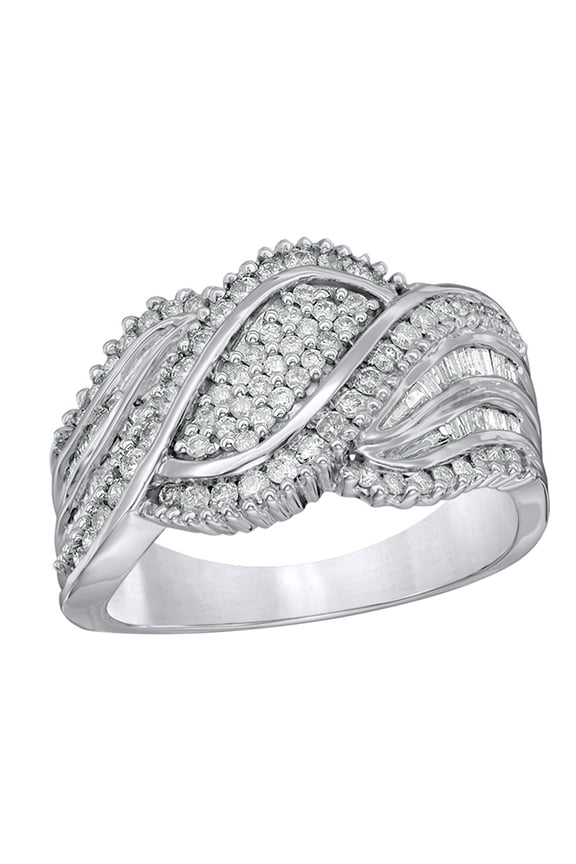 Round & Baguette Shape White Natural Diamond Wave Ring in 10K Solid Gold (1 cttw)