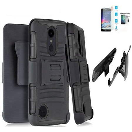Phone Case for Straight Talk LG Rebel 4 (Tracfone)/ AT&T Prepaid Phoenix 4 Case / Aristo 3 Case / LG Tribute Empire Holster Belt Clip + Rugged Cover Stand (Holster Black Edge Case / Tempered Glass)