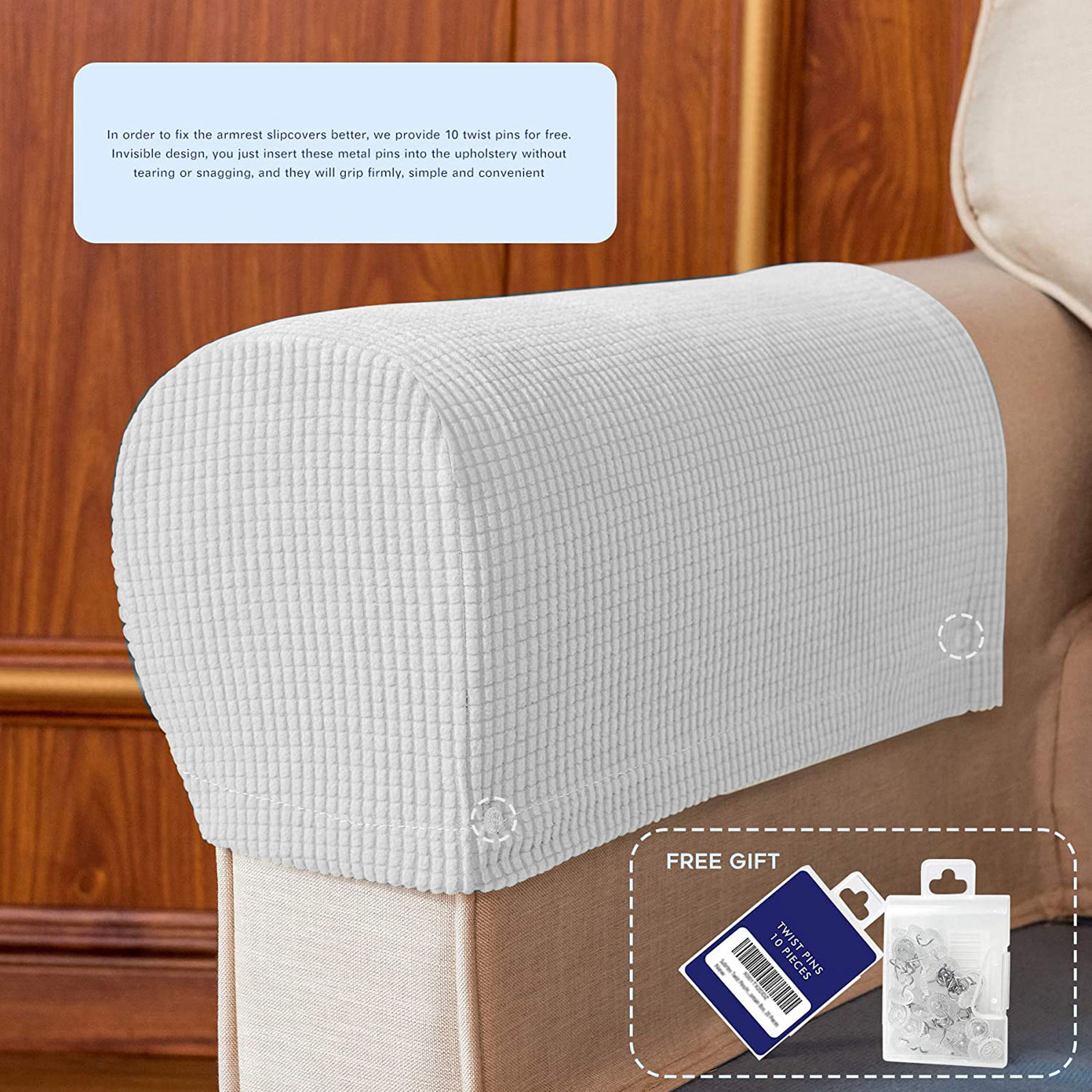 Stretch Armrest Covers, Anti-Slip Couch Arm Cover Spandex Armchair Slipcover for Recliner Sofa Washable Sofa Arm Protector with Twist Needle-white-2 pcs