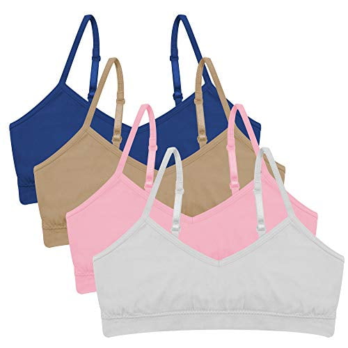 Popular Girl's Seamless Cami V-Neck Bra with Adjustable Straps - 4 Pack -  Nude, Pink, White, Navy - L 