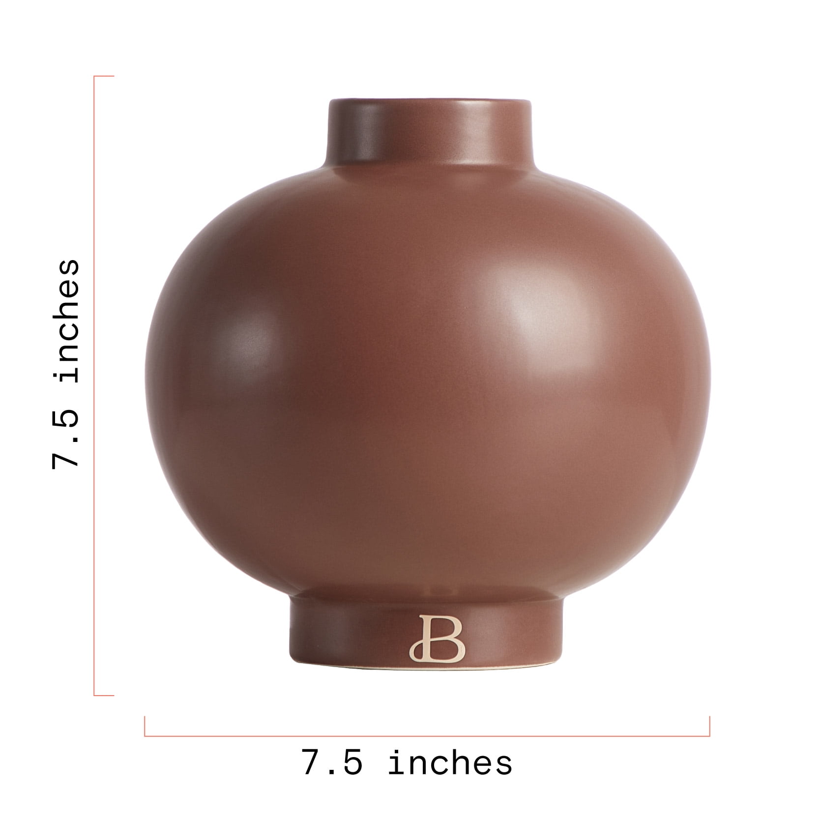 Beautiful Solid Cognac Brown Round Ceramic Vase by Drew Barrymore, 7.5" x 7.5" x 7.5"
