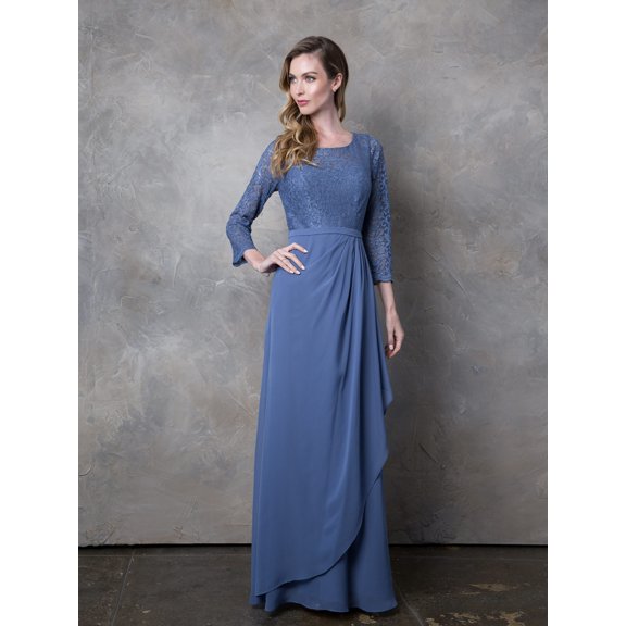 Women's Eva USA Fashion 3446 3 4 Sleeve Mother Of Groom Dress Lace Ankle Length Formal Gown Slate A dark, muted blue-gray Blue L