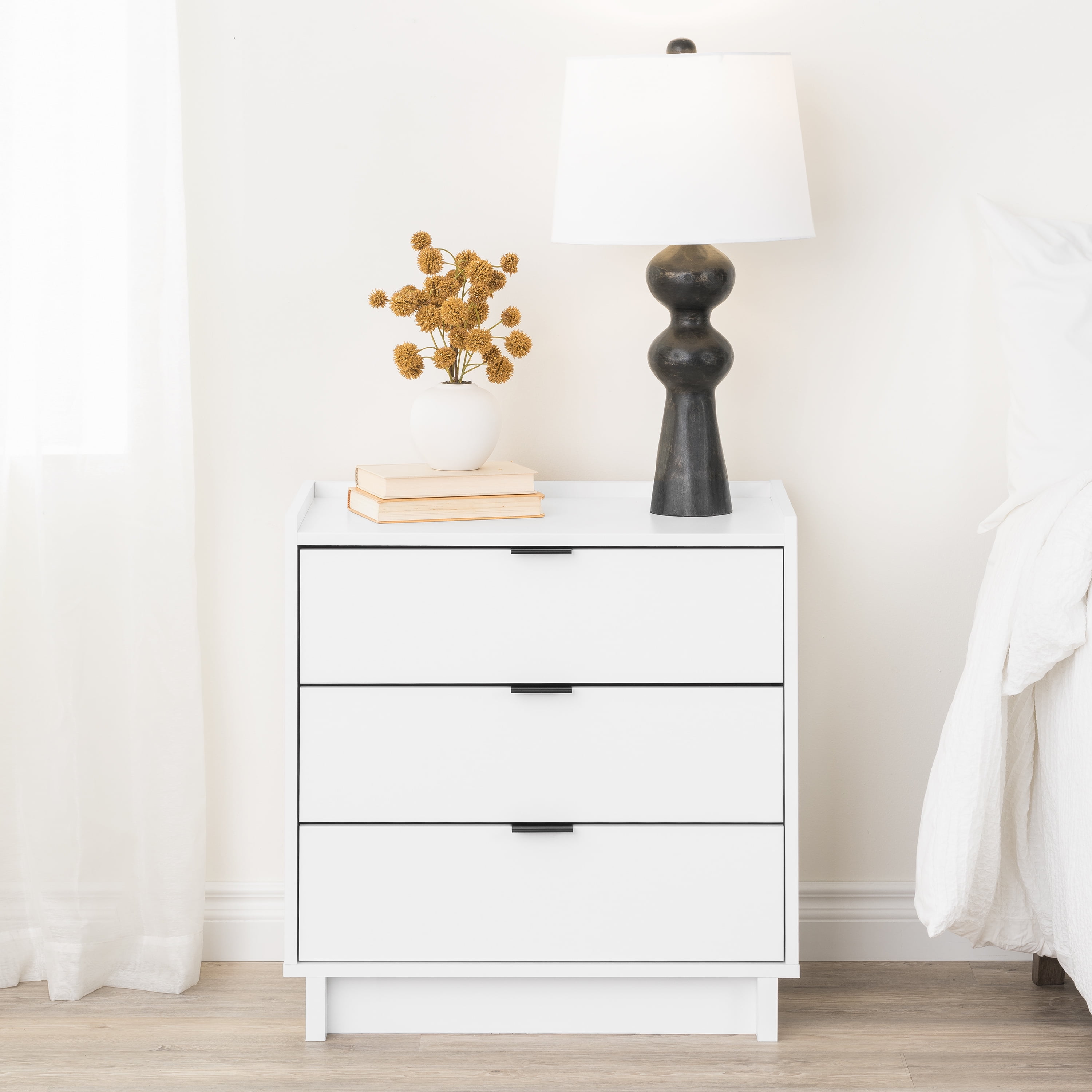 Prepac Simply Modern Nightstand Bedside Table, White Nightstand for Bedroom, End Table with 3 Drawers 26.5" W x 26.75" H x 16" D, WDNR-1803-1