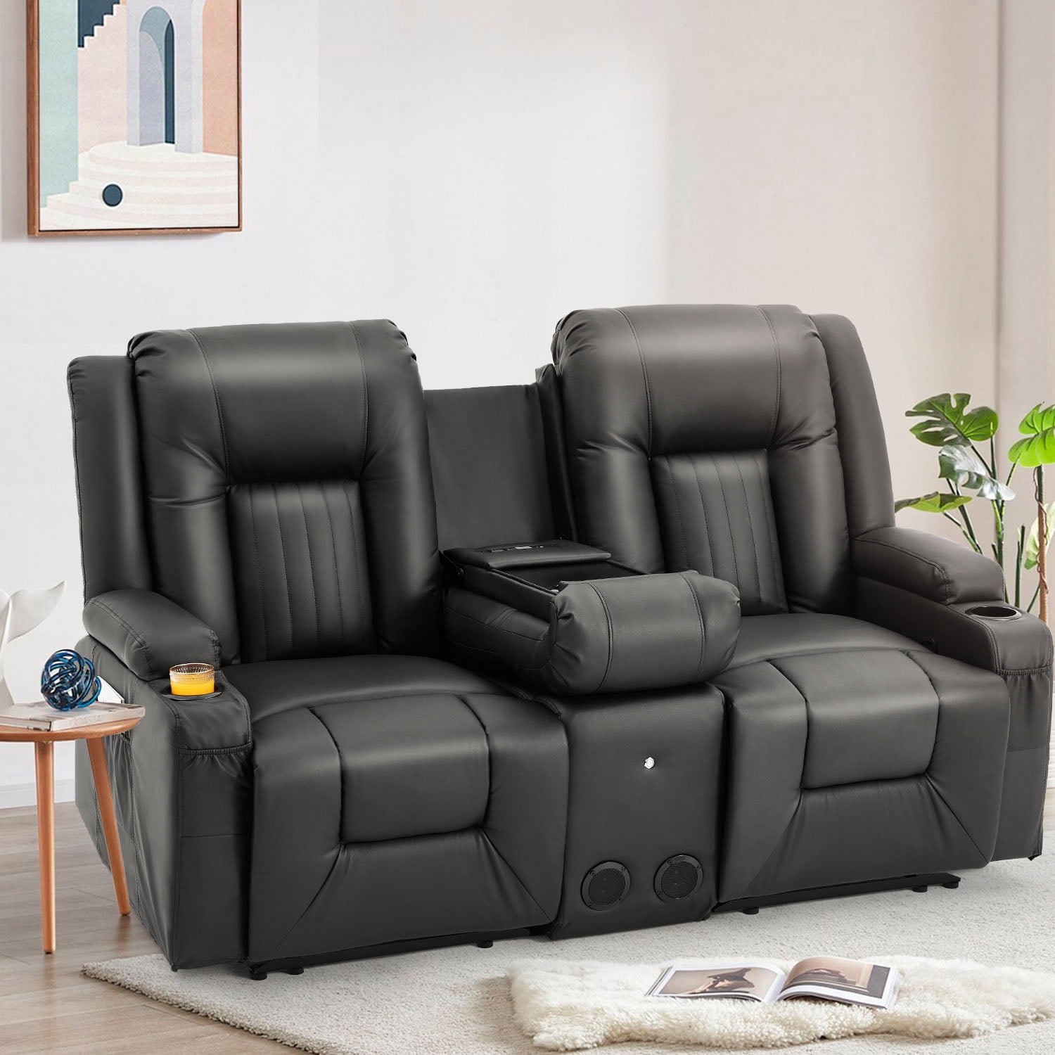 YODOLLA Loveseat Recliners with Console&Bluetooth Speakers, Recliner Chair Reclining Sofa with USB Ports&4 Cup Holders, 2 Side Pockets Wall Hugger Recliner Home Theater Seating, Fuax Leather, Black