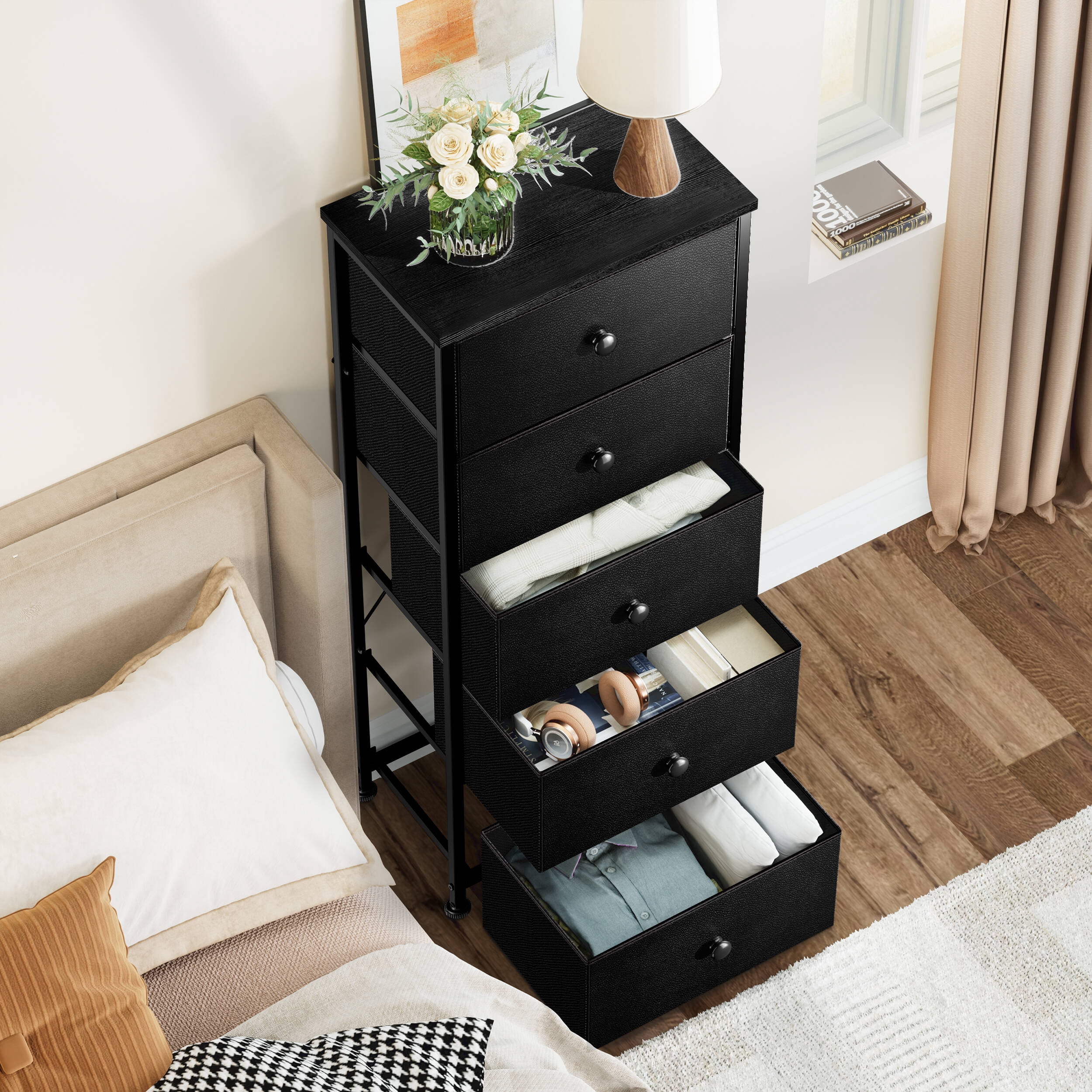 GUNAITO 5 Drawer Dresser for Bedroom Tall Narrow Chest of Drawers Fabric Storage Dresser for Adults,Black