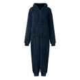 thumbnail image 4 of BiZtdJrK Womens Zipper Fuzzy Pajama Jumpsuit with Drawstring Hood Winter Warm Fleece One Piece Sleep Pants Casual Loose Pocket Loungewear, Navy, XXL, 4 of 7