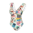 thumbnail image 4 of Yiaed Playing Video Games Print Women's Ruffled One Piece Swimsuit V Neck Swimwear Slimming Monokini for Woman-Medium, 4 of 8