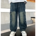 thumbnail image 5 of UACY Boys Baggy Jeans, Wide Leg Denim Pants for Teen Kids, Elastic Waist Loose Fit Cargo Trousers with Pockets (Blue, 11-12 Years), 5 of 7