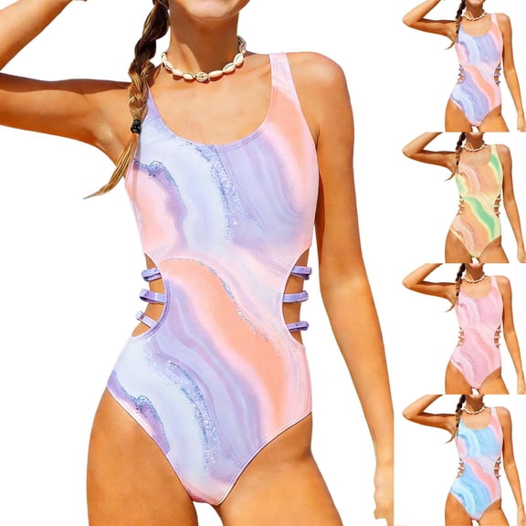 Girls One Piece Swimwear Side Cutout Sleeveless Bathing Suit Slimming Quick Dry Beach Swimsuit (13-14 Years, Purple)