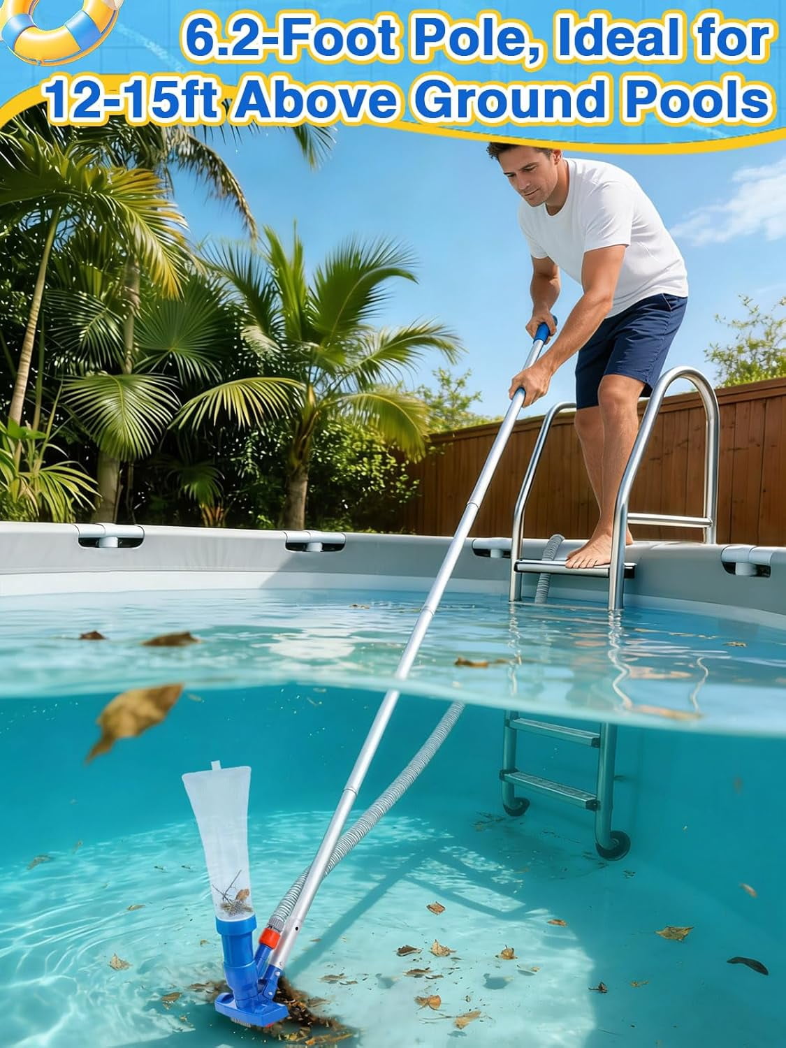 3-in-1 Portable Pool Cleaning Kit for Above Ground Pools - Includes Vacuum Cleaner with Mesh Bags, Brush, Skimmer Nets, 6.2ft Adjustable Pole for Spas, Inflatable or Frame Swimming Pools Maintenance