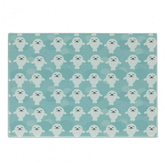 Sea Animals Cutting Board, Seals with Faces Smiling Cheerful Theme, Decorative Tempered Glass Cutting and Serving Board, Small Size, Turquoise Pale Blue, by Ambesonne
