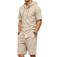 thumbnail image 4 of LEKWK Men Linen Sets Outfits 2 Piece Short Sleeve Button Down Hooded Tops and Elastic Waist Shorts Lightweight Loose Fit Summer Fashion Beach Vacation Wear, 4 of 9