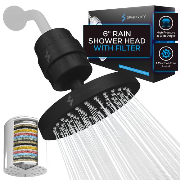 SparkPod Luxury Filtered Shower Head Set 23 Stage Shower Filter - Reduces Chlorine and Heavy Metals - High Pressure Showerhead Filter (6" Round, Midnight