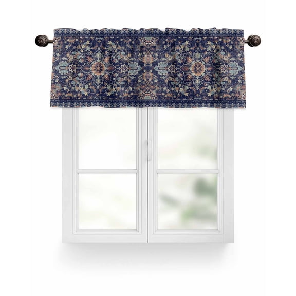 Navy Blue Boho Kitchen Valances for Windows Vintage Ethnic Geometric Pattern Valance Curtains for Kitchen /Living Room/Bedroom/ Bathroom Decor, 54"x18 " ,Rod Pocket 1 Panel,