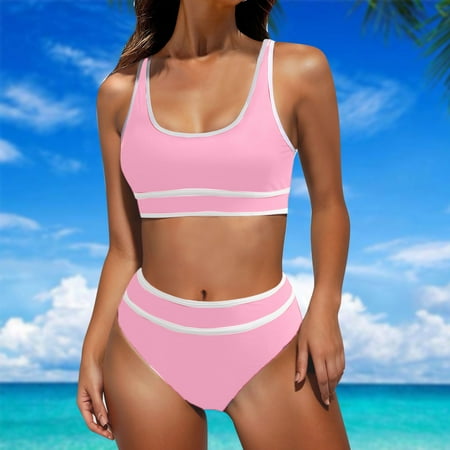 CFLVAEK Womens High Waisted Bikini Sets Two Piece Sporty Bathing Suit with Padded Solid Color Tummy Control Swimsuits with Bottom 2025 Pink L