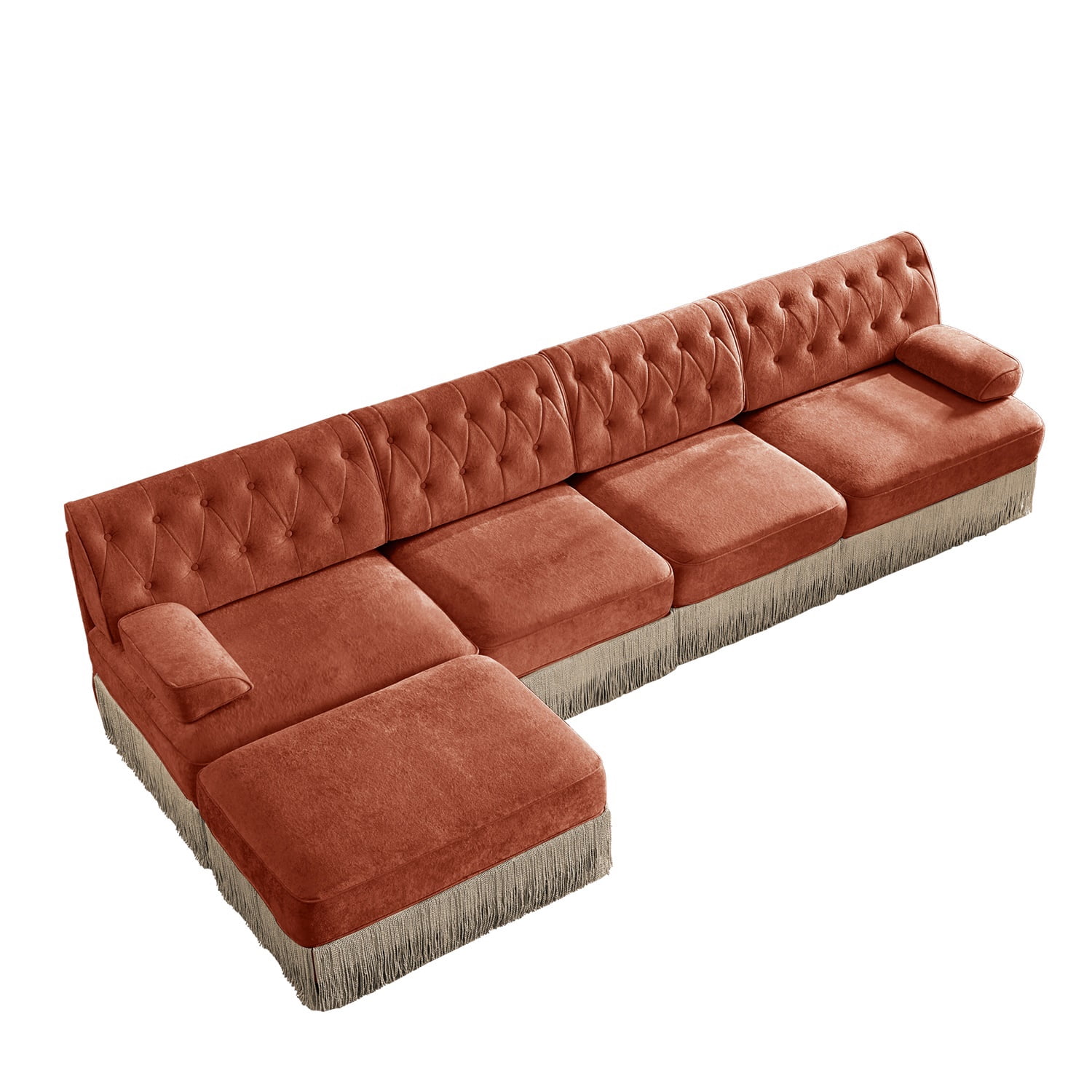 Hommoo 4-Seater Chesterfield Style Velvet Fabric L-Shaped Sectional Sofa, Tufted Button Upholstered Design and Floor-grazing Tassel, Free Combination Sofa Couch Set, for Home, Red Brown