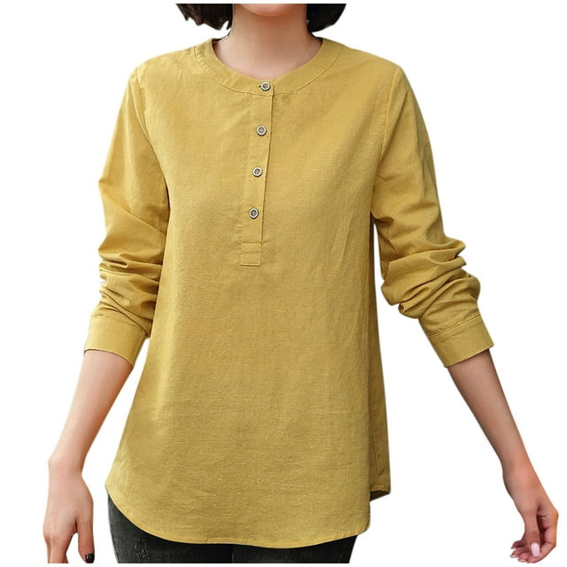 Timegard Blouse pour Femmes Ample Légère à Manches Longues avec Boutons Col Rond Décontractée pour le Bureau