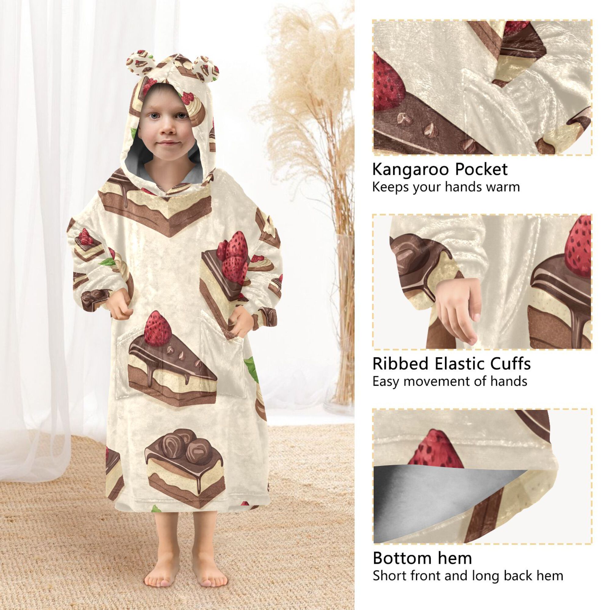 FORMRS Wearable Blanket Hoodie with Sleeves for Kids Cozy Flannel Sweatshirt, Strawberry Cake