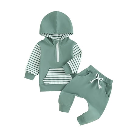 

jaweiwi Baby Toddler Boys Hooded Clothes Set 3M 6M 12M 18M 24M 2T 3T Long Sleeve Striped Hoodie Sweatshirt with Elastic Waist Sweatpants Infant Outfits