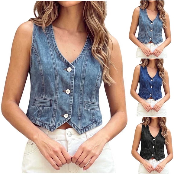 Tqcoqu Womens Summer Cropped Denim Vest, V-Neck Crop Western Jean Vest Top for Women Country Trendy Outfits