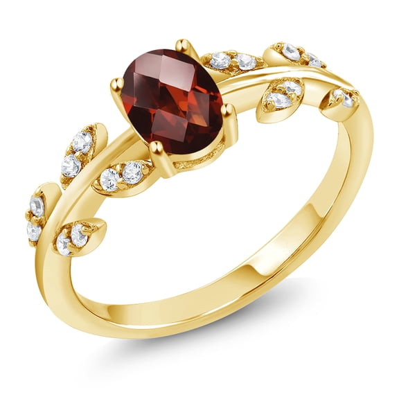 Gem Stone King 18K Yellow Gold Plated Silver 1.21 Ct Oval Checkerboard Red Garnet Greek Olive Vine Branch Engagement Ring