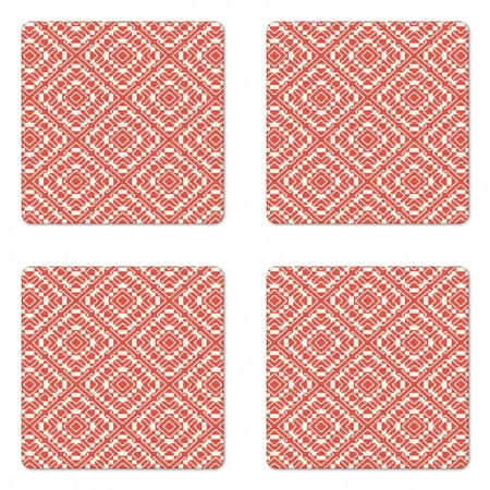 

Geometric Coaster Set of 4 Bicolour Traditional Folk Like Ethnic Ornaments Rhombuses Print Square Hardboard Gloss Coasters Standard Size Dark Salmon and Off White by Ambesonne