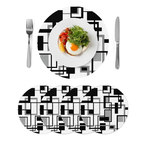 Black Grey Geometric Round Placemats Set of 4 for Dinning Tables,Heat-proof Braided Table Mats 13 Inch,Modern Abstract Art White Washable Place Mat for Kitchen Restaurant Party Decor Table Setting