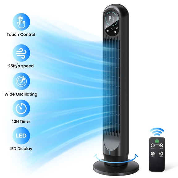 Tower Fan with Remote, 31" Bladeless Floor Fans for Home, 4 Modes & 4 Speeds, 12H Timer, LED Display, 80° Oscillating Wide Cooling for Bedroom, Office