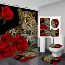Red Rose Cheetah Shower Curtain Sets Cat Leopard Print Bath Curtain with 12 Hooks Romantic Flowers Bathroom Decor Curtain Set with Non-Slip Rugs, Toilet Lid Cover Bath Mat for Bathtubs