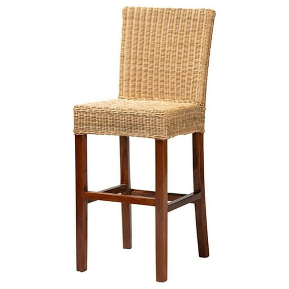 Baxton Studio Racquel Modern Bohemian Natural Rattan and Mahogany Wood Bar Stool