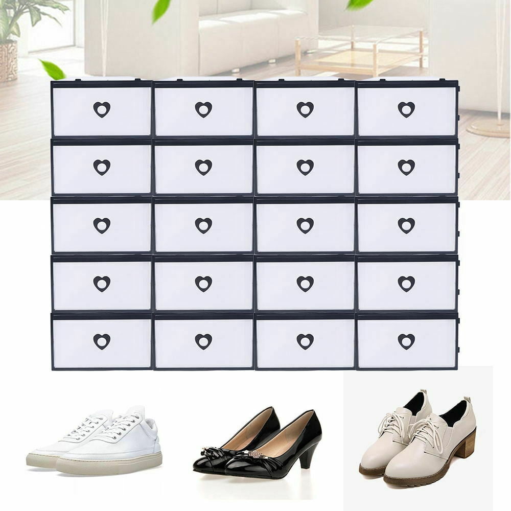OUKANING 24pcs Foldable Shoe Storage Boxes with Lids Clear Plastic Stackable Shoe Organizer for