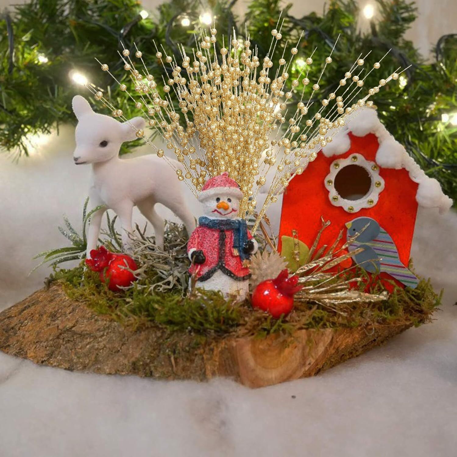 LQQBOX 10 Gold Artificial Glitter Berry Dry Ornaments 19.7 inch Fake Christmas Pick Decorative Glitter Stick Vase Christmas Tree DIY Wreath Crafts Fireplace Decoration