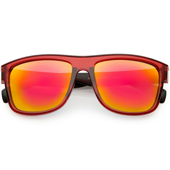 Translucent Square Horn Rimmed Sunglasses Colored Mirror Lens 55mm (Red Black / Red Mirror)