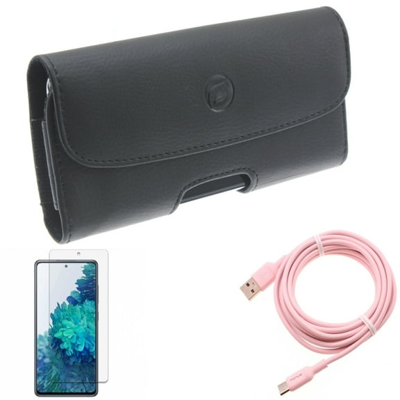 Case Belt Clip & Screen Protector & 10ft Long USB-C Cable for Samsung Galaxy S20 Fan Edition - Leather Holster   Anti-Glare Tempered Glass   Pink Charger Cord Combo
