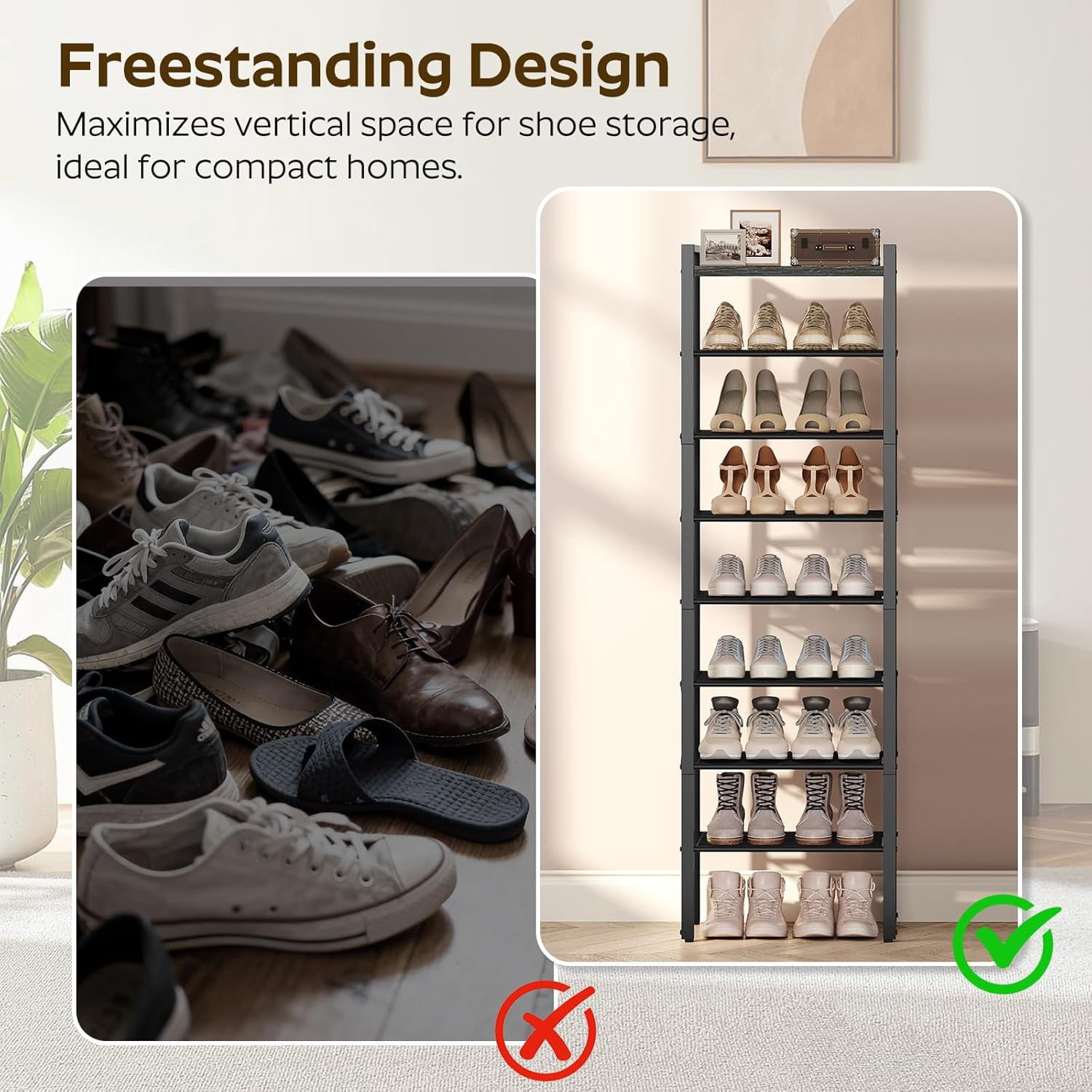 8-Tier Narrow Shoe Rack, Tall Shoe Rack for 8-16 Pairs, Slim Shoe Storage Organizer with Wooden Top, Space Saving, Metal Frame, for Entryway