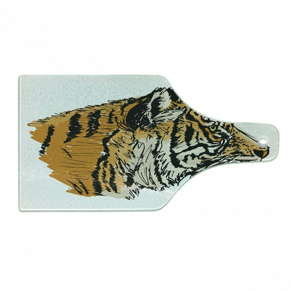 Tiger Cutting Board, Sketch Drawing of Bengal Royal Animal Carnivore Large Cat Vibrant Colors, Decorative Tempered Glass Cutting and Serving Board, Wine Bottle Shape, Pale Brown Black, by Ambesonne