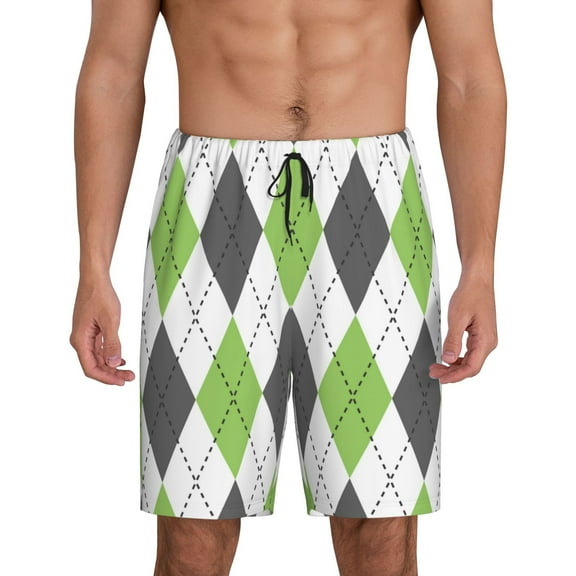 Logiee Light green and black argyle Print Men's Pajama Shorts with Drawstring & Pockets,Sleep Shorts for Men,Sleepwear Bottoms,Elastic Waistband Loungewear-Small