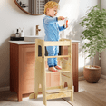 thumbnail image 2 of Wooden Kids Kitchen Step Stool with Blackboard & Safety Rails | Adjustable Montessori Learning Helper for Toddlers | Perfect for Bathroom & Kitchen Use, Natural, 2 of 8