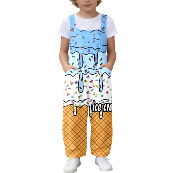 Letdown Boys Girls Bib Overalls Pants Loose Romper Adjustable Straps Ice-Cream Clothes Jumpsuit with Pockets Kids Summer Outfit 5-14 Years