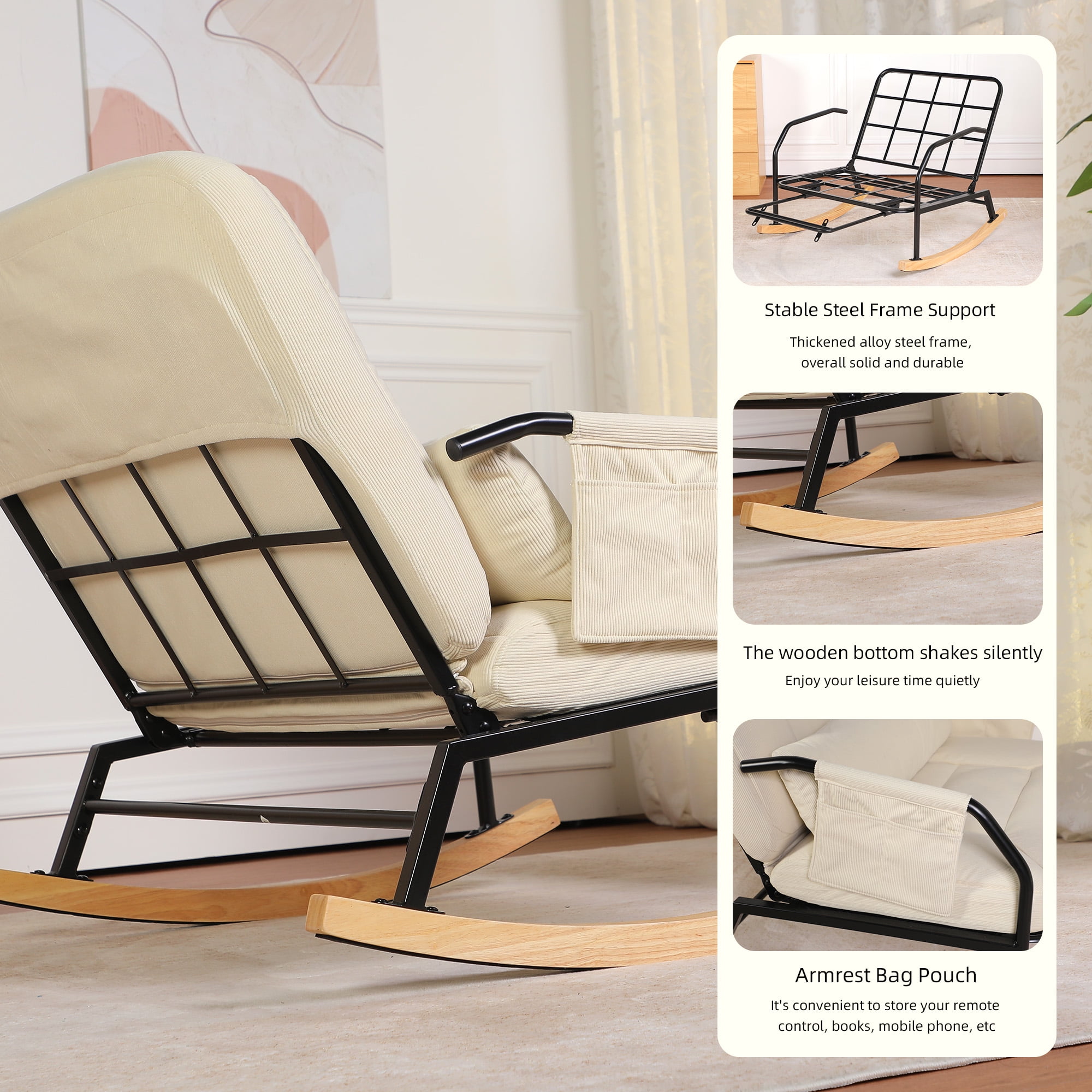 Hforesty Oversized Rocking Chair with Footrest ,Rocker Glider with Metal Farm,Wooden Bottom and Adjustable Backrest for Indoor Use: Balcony, Living Room or Bedroom.(corduroy)BEIGE