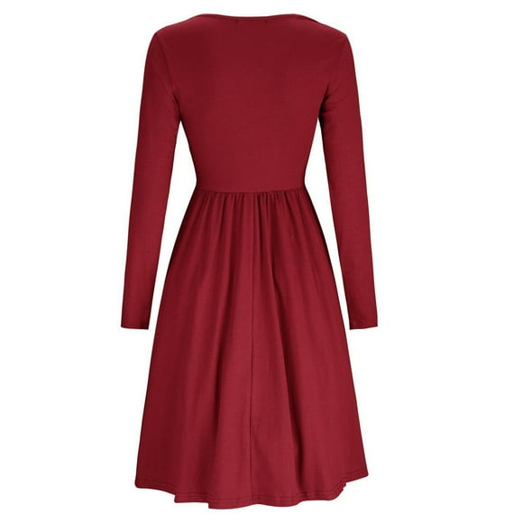 Long Sleeve Midi Dress, Women Round Collar Dress High Waist A Line Fashionable Pure Color For Shopping For Lady For Beach Red XL