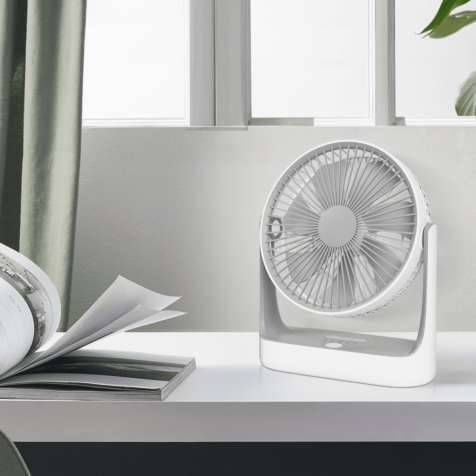 mollie USB Rechargeable Desktop Fan, Wall Mounted Hanging Fan with LED Light and Hook, Speed Adjustable Air Cooler Fan For Home Bedroom, White