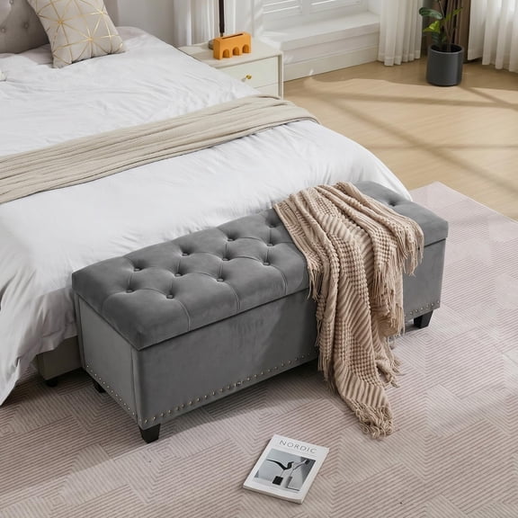 Gray Velvet Tufted Storage Bench with Nailhead Trim, 50.8 Inch Upholstered