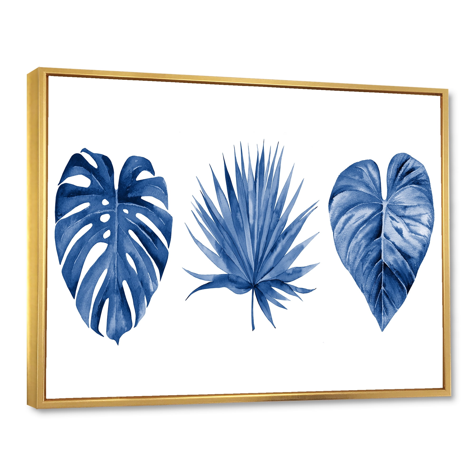 Designart 'Tropical Leaves In Classic Blue ' Tropical Framed Canvas Wall Art Print