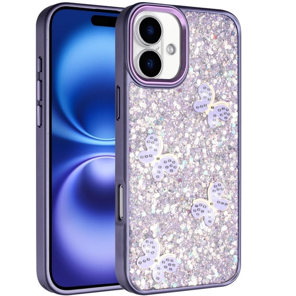 XPM for Apple iPhone 17 (6.3") Phone Case, Cute Butterfly Crystal Diamond Glitter Case Sparkle Bling Frame Metallic Edges, Shimmer TPU Hybrid Cover for iPhone 17 (Dark Purple)
