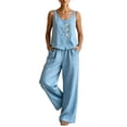 thumbnail image 3 of Sleeveless Button Front Linen Set for Women, Scoop Neck Tank & Wide Leg Pants Two Piece Outfit - Loose Fit Summer Vacation Ensemble Sky Blue XXXL, 3 of 5