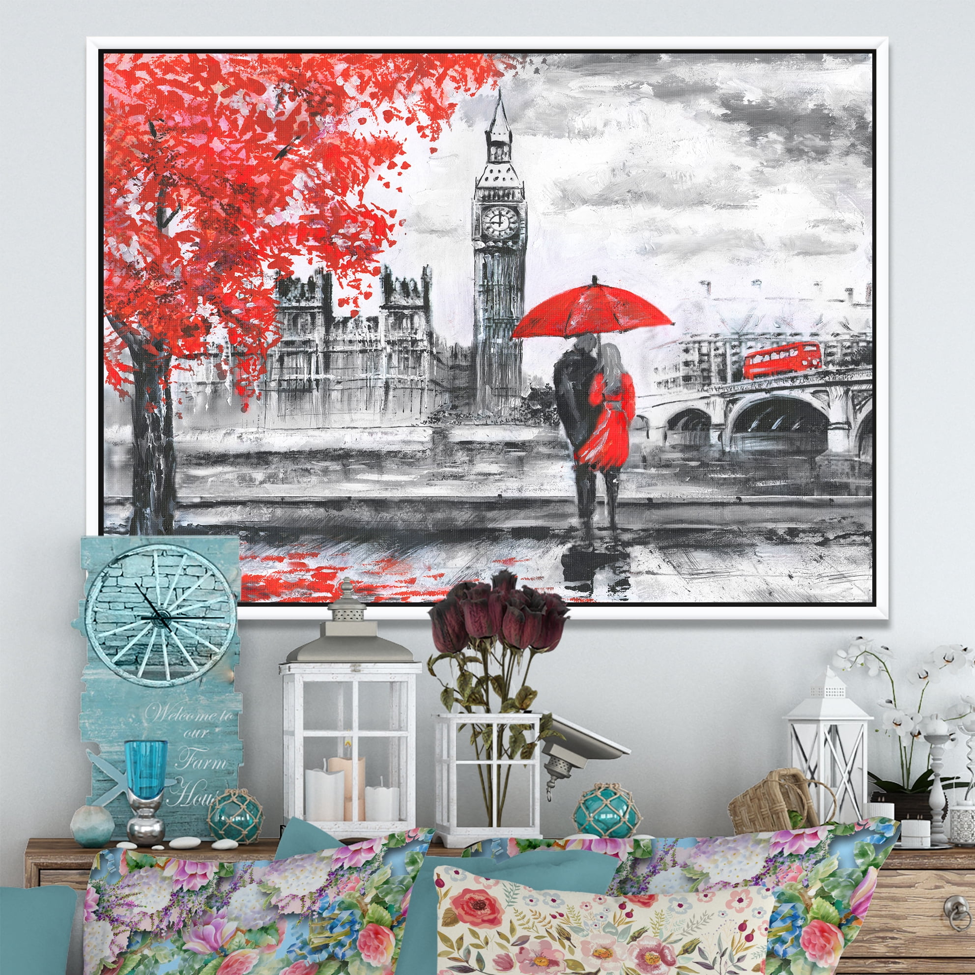 Designart ' Couples Walking in London ' Landscape Framed Canvas Art Print