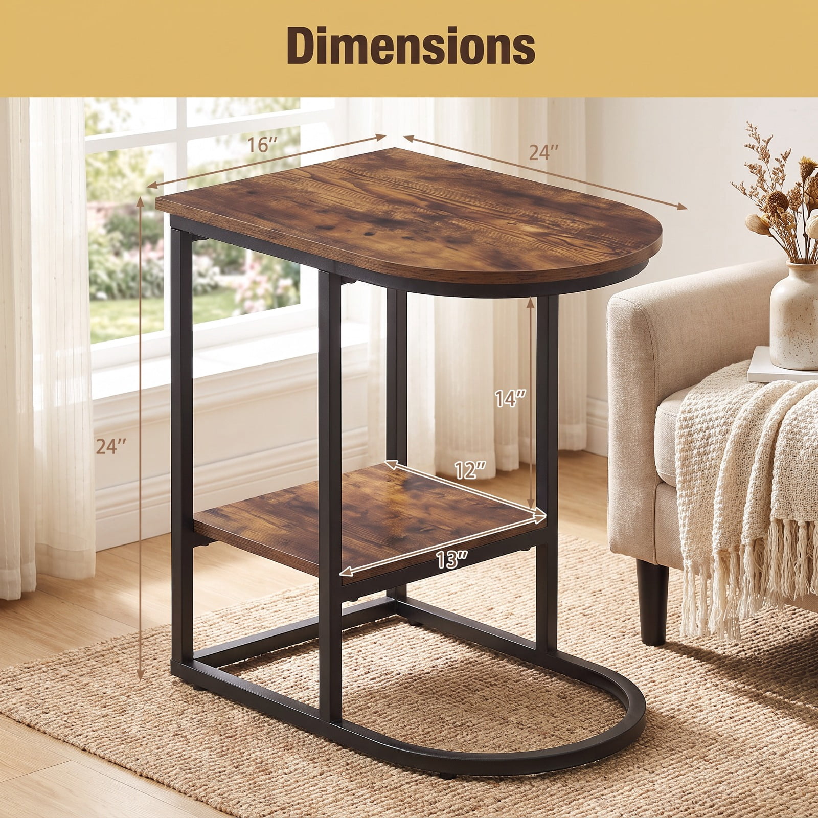 Furnibear C Shaped Modern Sofa Side Table with wood-grain finish Tabletop and Two Tier Storage Shelf for Living Room Bedroom and Lounge, Rustic Brown