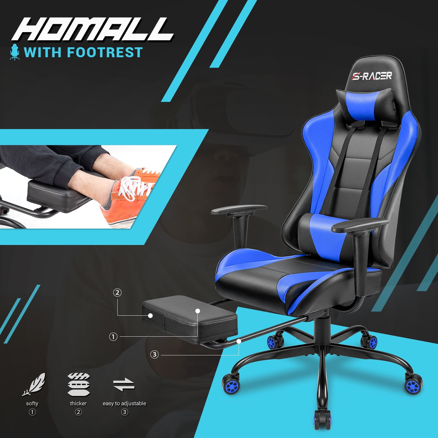 Homall Gaming Chair Massage Office Chair High Back PU Leather Chair with Footrest, Black