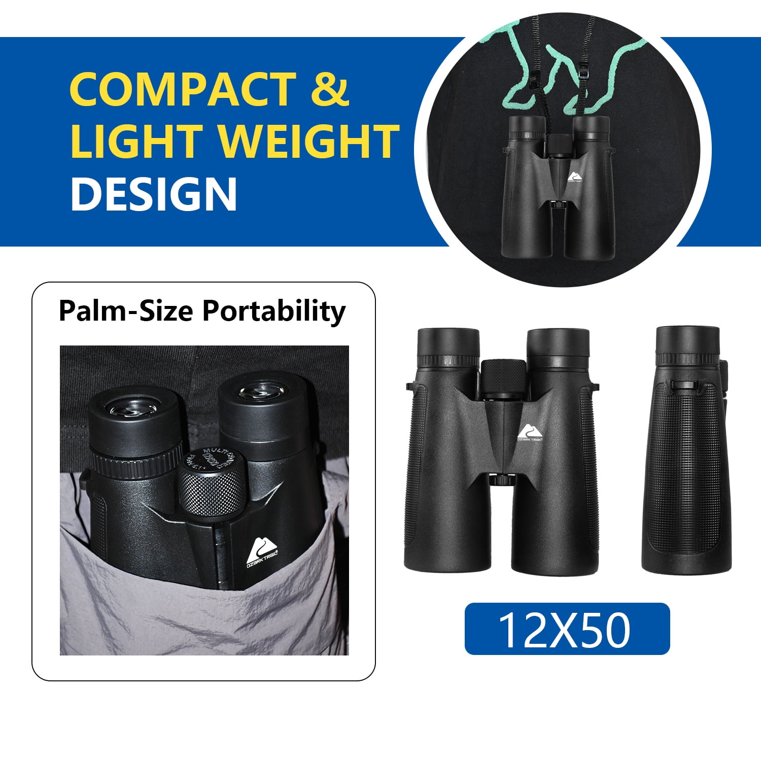 Ozark Trail 12x 50mm High Powered HD Large View Binoculars with Neck Strap, Carry Case & Clean Cloth, 1 Pack
